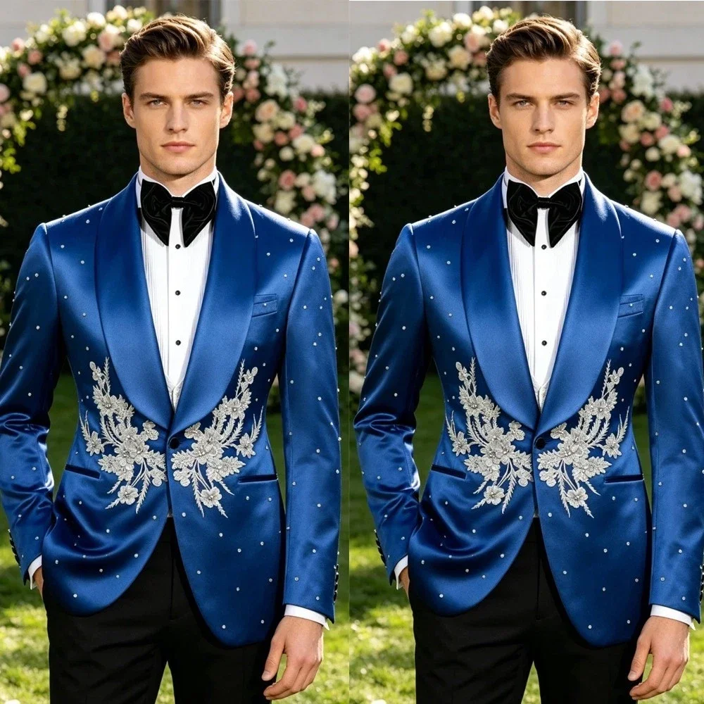 Men Royal Blue Satin 2 Piece Tuxedo Shawl Lapel Silver Floral Crystals Rhinestone Blazer Black Pants Wedding Vacation Customized