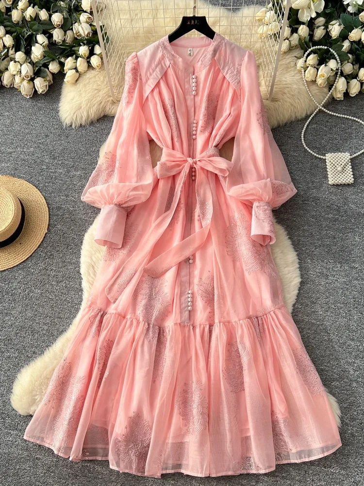 Elegant Embroidered Lantern Sleeve Dress Women's Korean Style High Waist Tie Belted Mesh A-Line Long Dress Commute Suitable