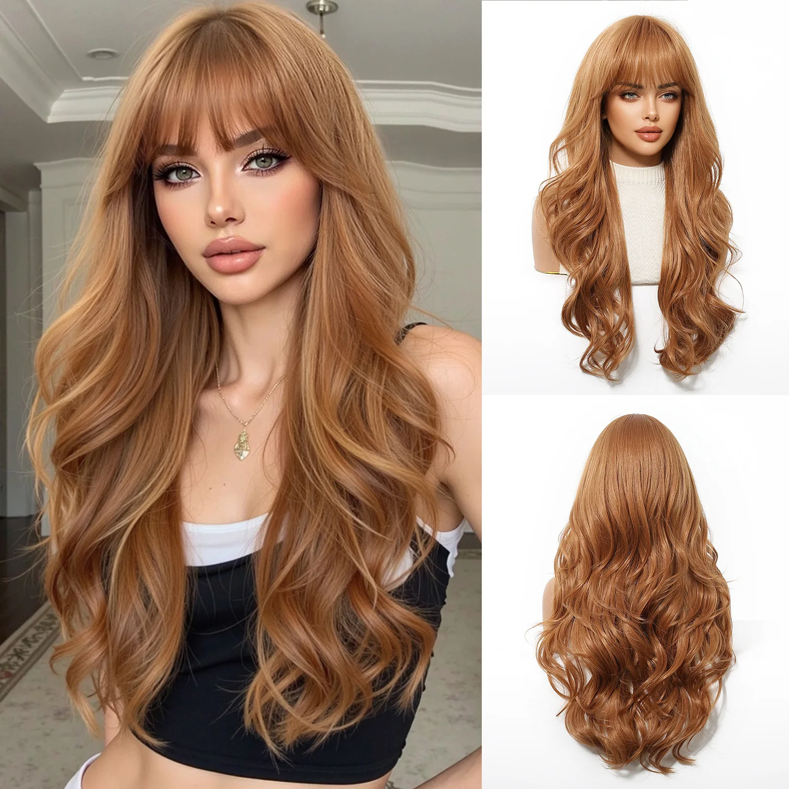 Ladies European American Trend Highlight Big Wave Curly Full Wig Neat Bangs Fashion Daily Party Wigs