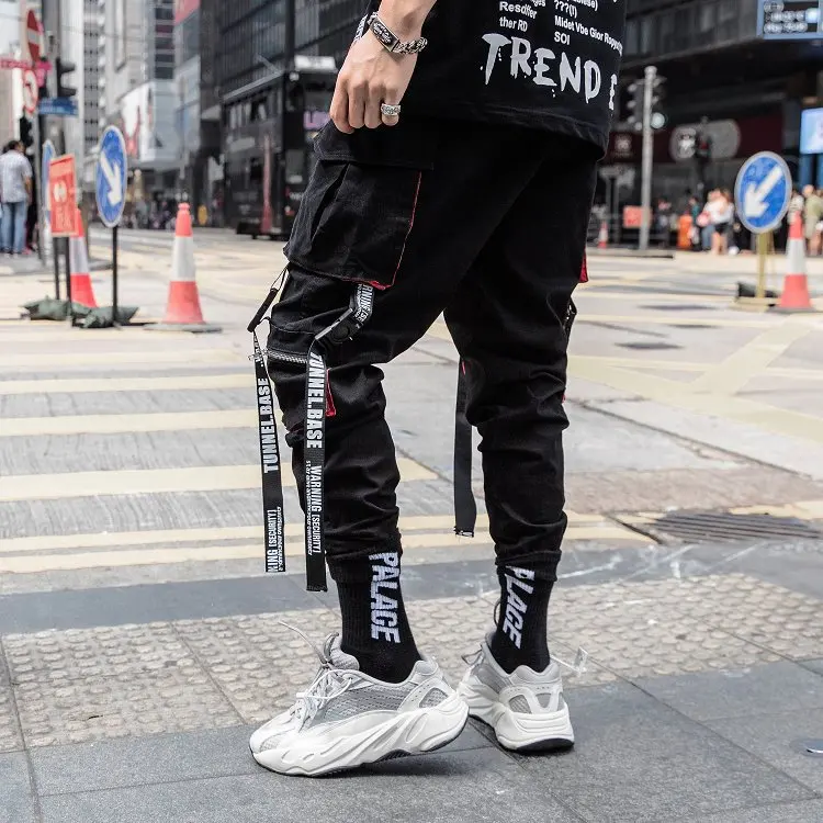 Classic Streetwear Hip Hop Joggers Men Letter Ribbons Cargo Pants Pockets Track Tactical Casual Male Trousers Sweatpant K111