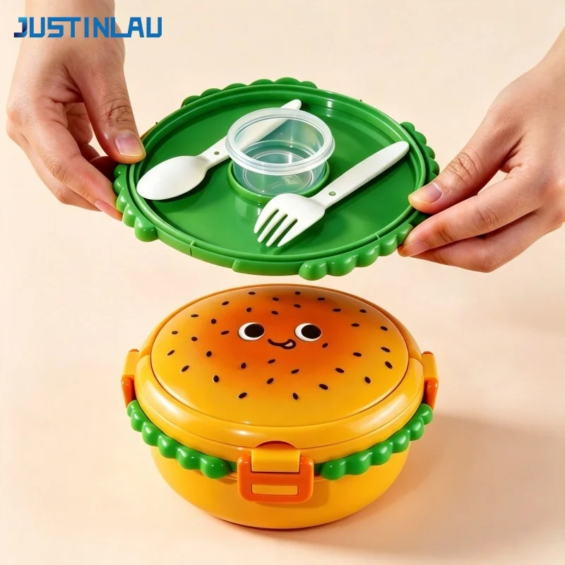 JUSTINLAU Hamburger Shape Lunch Box Cute Bento Box Fruits Food Sealed Container with Spoon/Fork/Dipping Sauce Box for Workers