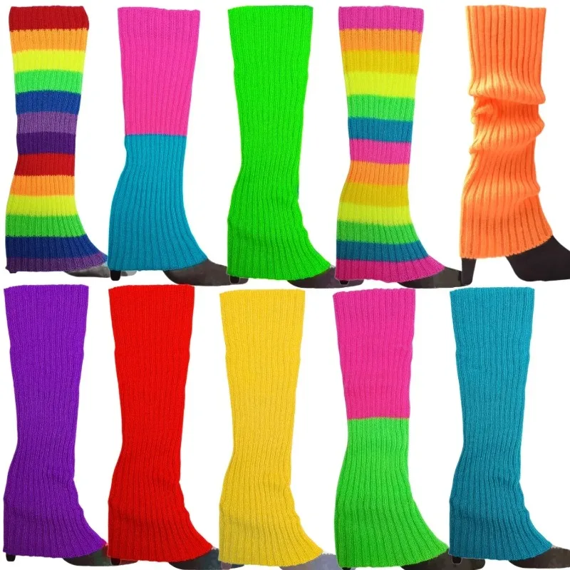 

Women Halloween 80s Neon Colored Knit Leg Warmers Ribbed Bright Footless Sock Punk Black Knee High Gothic Hip-hop Rock Sock