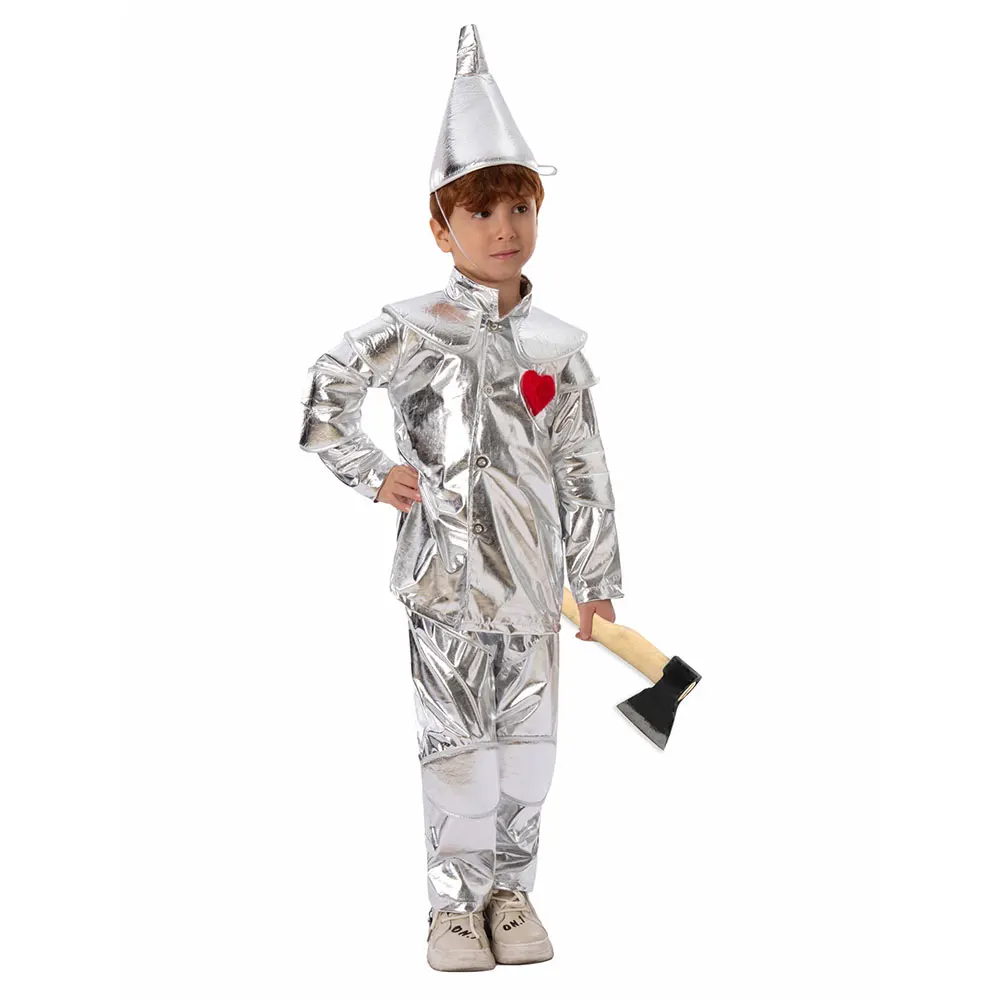 Umorden 2024 New Silver Tin Man Costume for Kids Children Boys Girls 3pcs/set With Heart 3-10Y Halloween Purim Party Fancy Dress