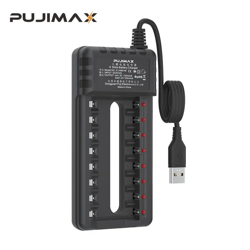 PUJIMAX 8 Slot  USB Battery Charger With LED Lndicator Light Smart Adapter For AA AAA 1.2V Ni-MH Ni-CD Rechargeable Battery