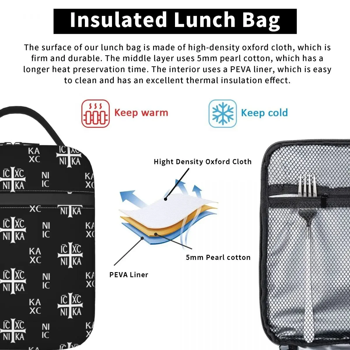IC XC NIKA Cross Christian Orthodox Jesus Chris Insulated Lunch Bag Women Children Portable Food Boxes Thermal Lunch Box Tote