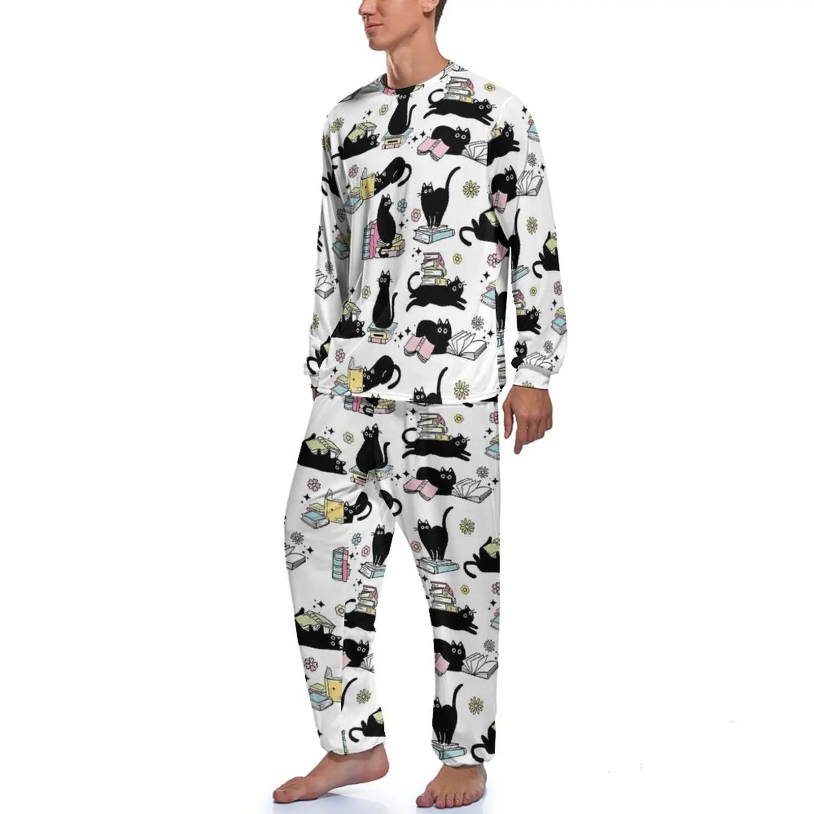 Library Cat Pajamas Mens Black Cats and Books Kawaii Home Suit Daily Long Sleeve Two Piece Home Design Pajama Sets