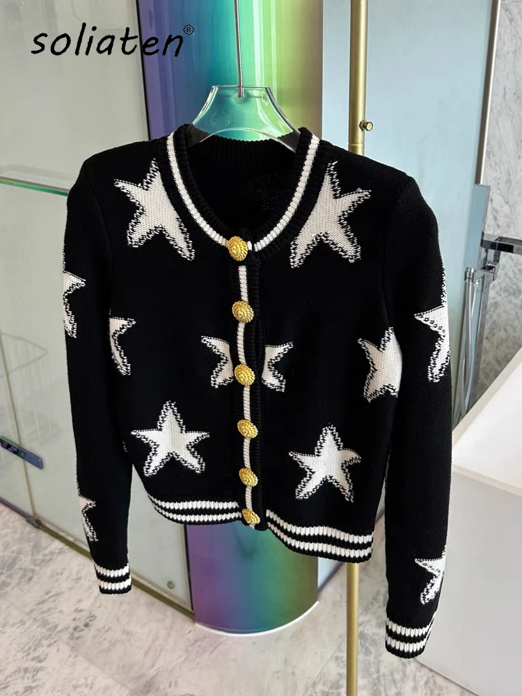 

2024 High Quality Black Five Pointed Star Tweed Gold Button Shoulder Pad Knitted Cardigan C-008