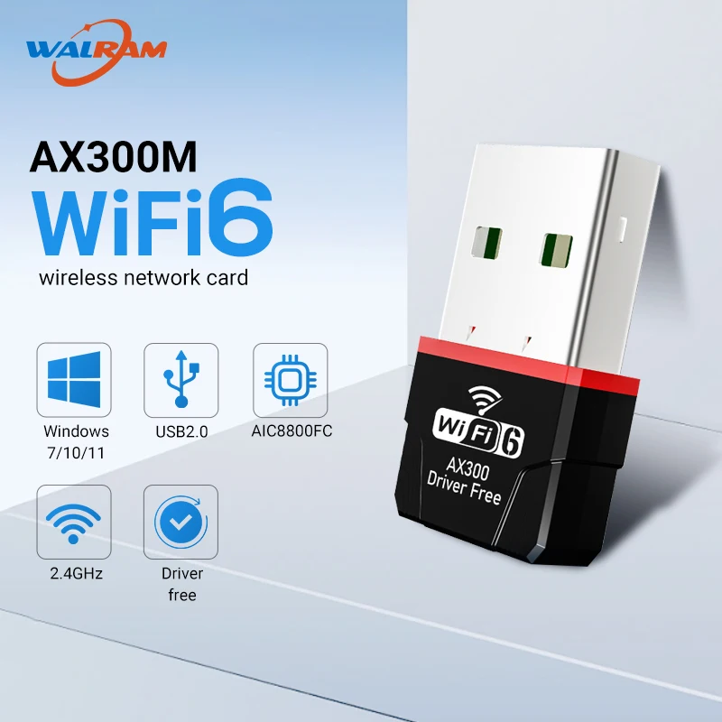 

WALRAM Mini USB беспроводной Wi-Fi адаптер 2,4 ГГц 300 Мбит/с Wi-Fi сетевая карта 802.11a/b/g/n/ac/ax RTL8188 сетевая карта для ПК ноутбука