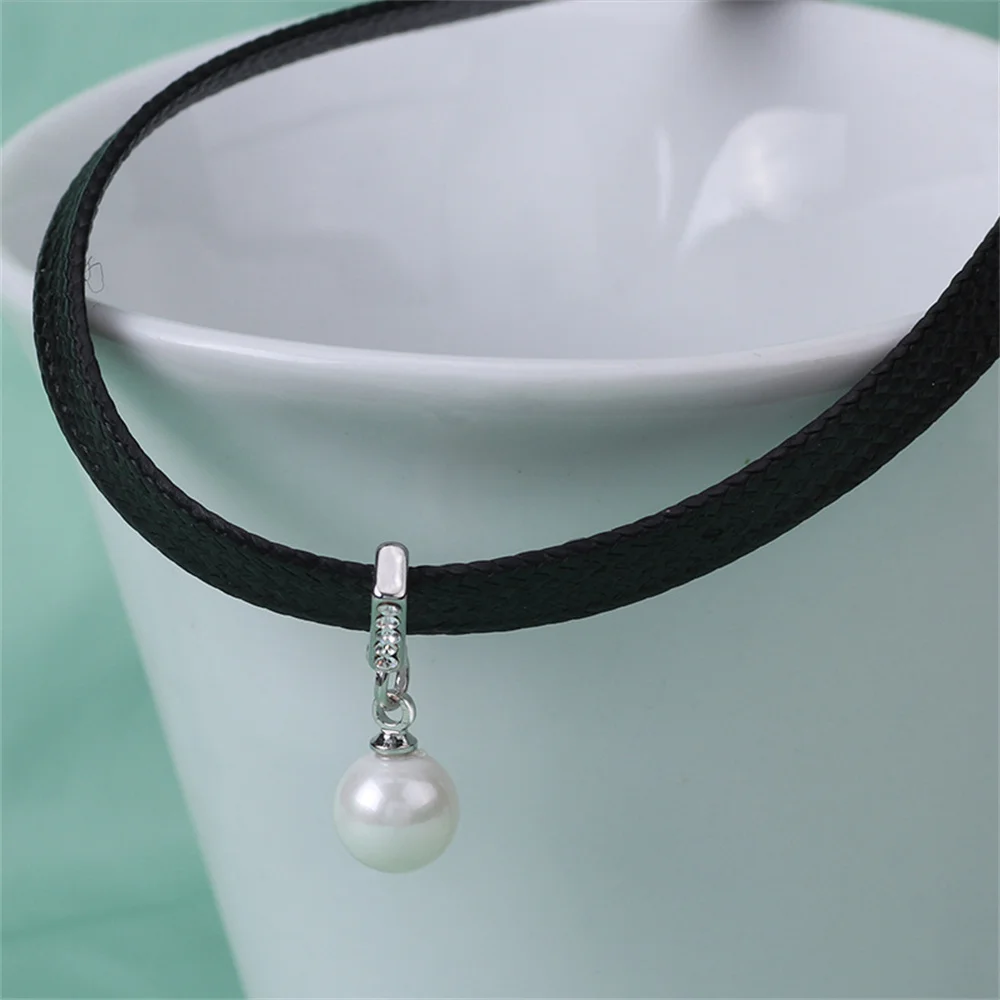 Vintage Pearl Pendant Necklace Black Sexy Simple PU Leather Choker Necklace Neo Goth Jewelry for Women Collar Gift