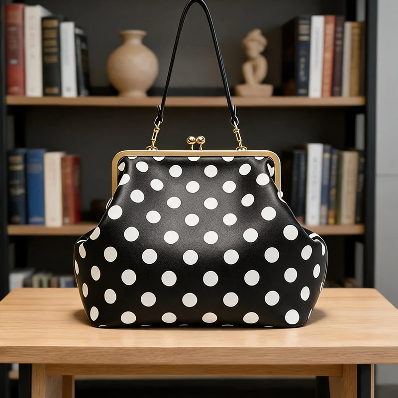 Schwarz-weiß gepunktete Damenhandtasche mit Verschlussrahmen, große Umhängetasche, Vintage-PU-Tragetasche für den Alltag – Detail 6
