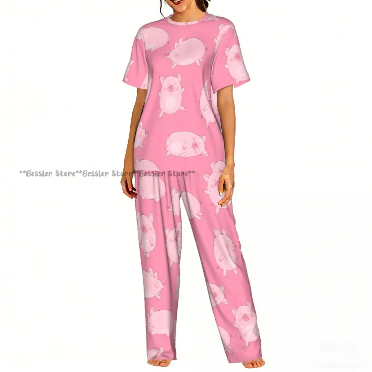 

Women's 2-piece set Cute Pink Pigs Pajamas Short sleeved Top and Pants Sleepwear