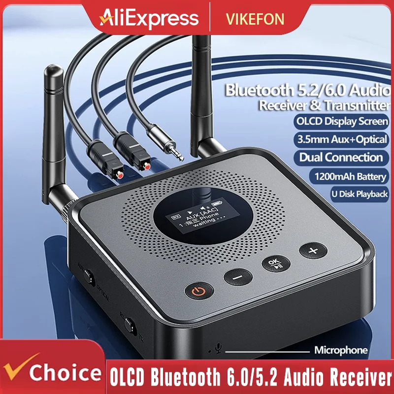 

Аудиоприемник-передатчик OLCD Bluetooth 6.0/5.2 с поддержкой AAC, aptX-LL/AD/HD, 3.5 мм Aux, оптический, беспроводной, стерео, музыкальный проигрыватель с поддержкой USB-накопителей