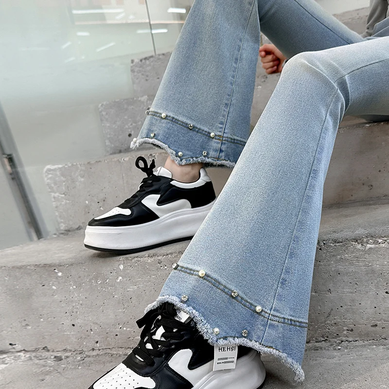 Kids Child Retro Boot Cut Jeans with Rhinestone Pearls for Girl Female y2k New Blue Denim Pants Street Wear Flare Jeans Trousers