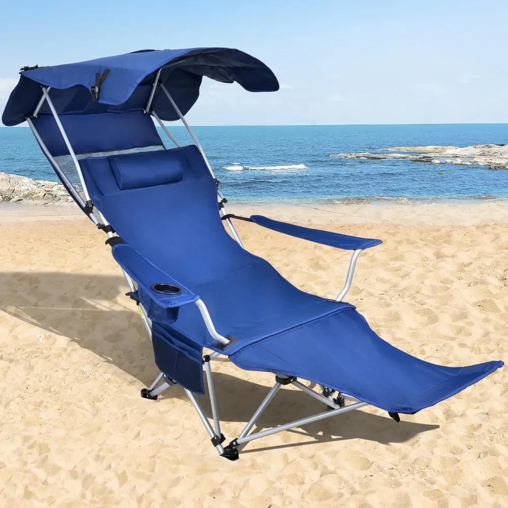 

Reclining Beach Chair With Canopy Shade and Footrest Tailgates Chaises De Plage Storage Pocket for Camp Folding Tourist Chair