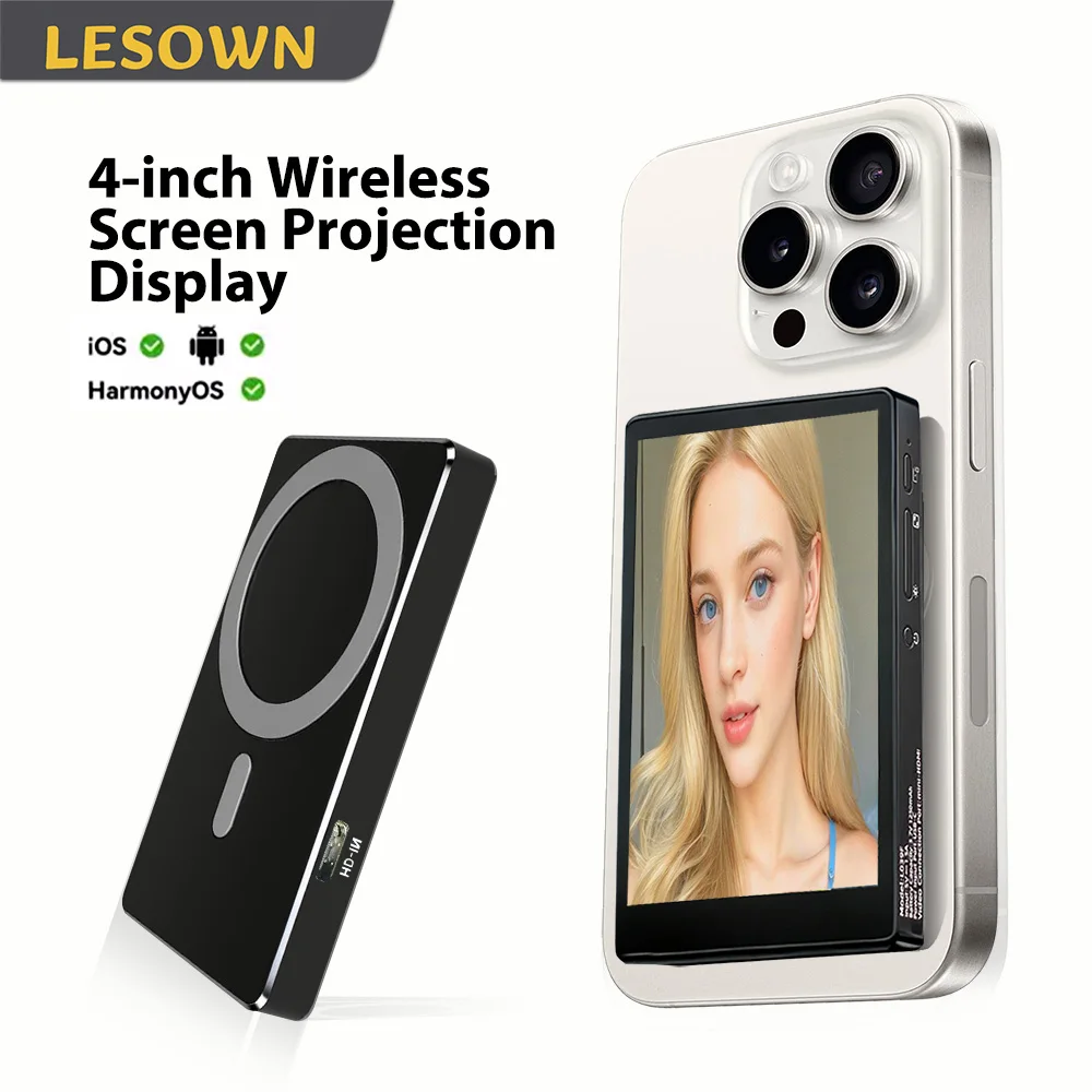 

Беспроводной магнитный монитор LESOWN 4 дюйма для задней камеры: отображение в реальном времени с низкой задержкой для iPhone и Android (для видеоблогов, селфи, YouTube)