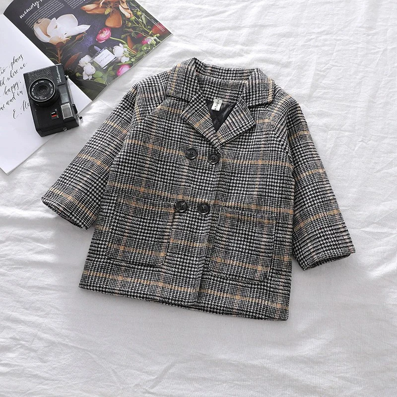 Children Winter Grid Jackets Girl Woolen Double-breasted Baby Boy Trench Coat Lapel Kids Outerwear Wool Coat Loungewear Overcoat