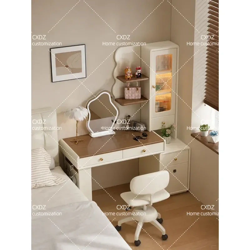 All Solid Wood Desk Vanity Table Integrated Small Apartment Bedroom Vanity Cabinet Bedside Table Computer Table Two in One
