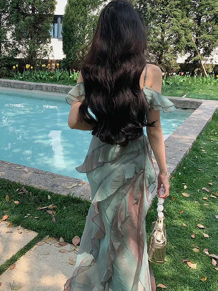 여성 그린 패치워크 러플 V넥 슬링 섹시 드레스 2025 한국 빈티지 럭셔리 댄스 파티 드레스 여름 우아한 이브닝 드레스