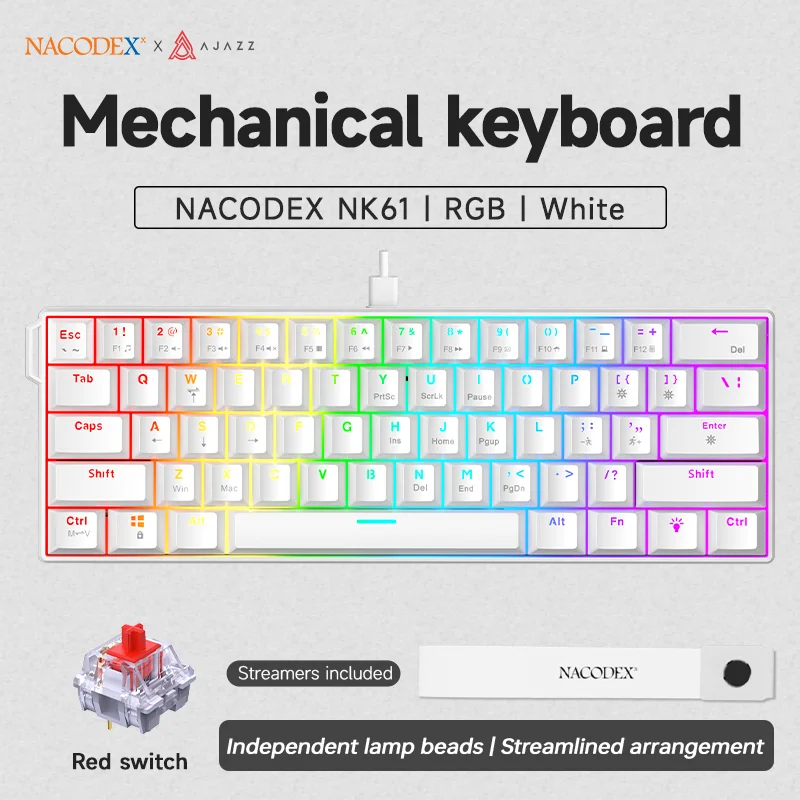AJAZZ NK61 Bedraad Gaming Mechanisch Toetsenbord 60% RGB Hot-Swappable 61 Toetsen Rode Schakelaar Mini Toetsenbord voor Gamer PC