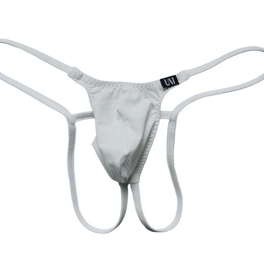 Stripe Pattern Men T-back Panties, Low Rise Double Thin Strap Ice Silk, Large Bulge Pouch Comfort Male Thong Underpants