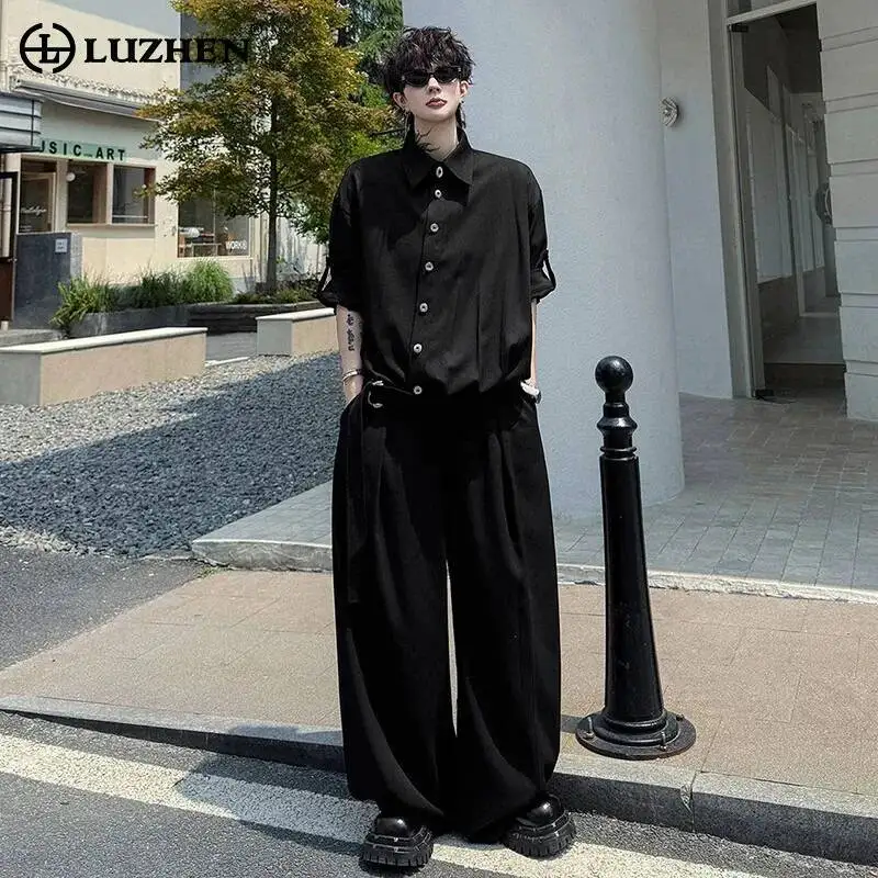 

LUZHEN 2026 Summer Solid Color Two-piece Sets Men Fashion Original Belt Decorate Short Sleeve Shirts Loose Wide Leg Pants JY6959