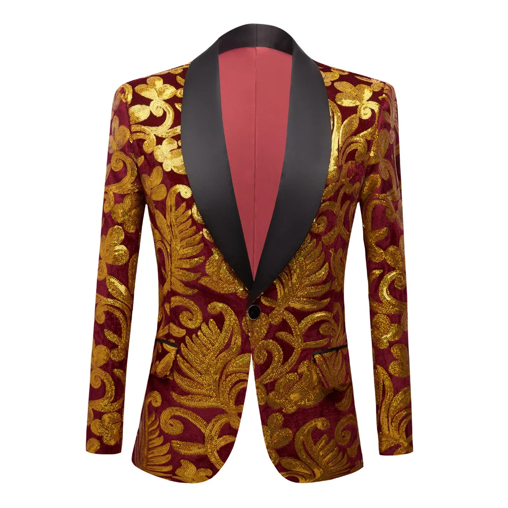 Men's Velvet Gold Sequins Blazer Wedding Groom Floral Pattern Suit Jacket Shawl Collar Slim Fit Bar Stage Performance Tuxedo