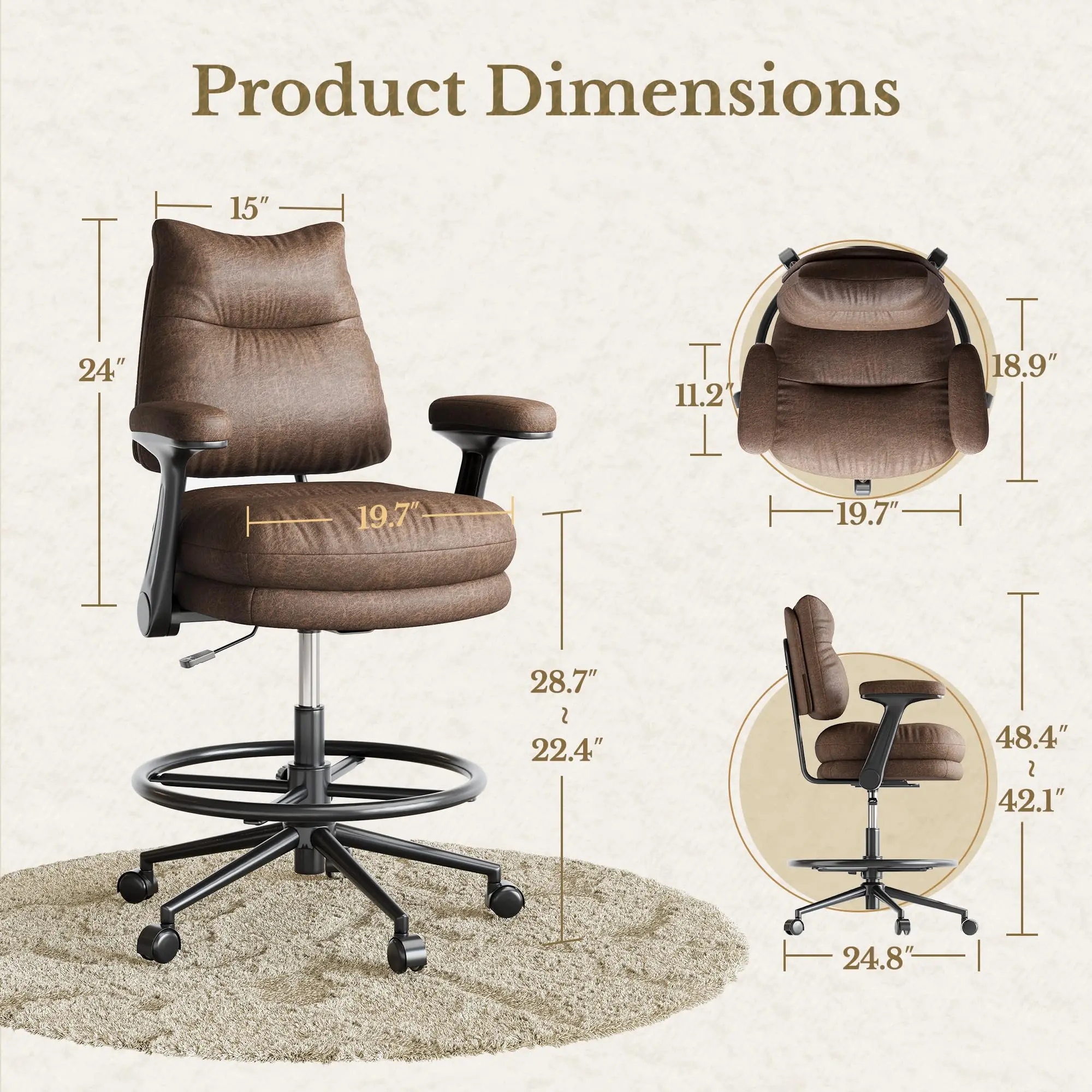 Executive Drafting Chair, Extral Thick Tall Office Chair with Padded Flip-Up Armrests, Mid-Back Cushioned Seat, 360°