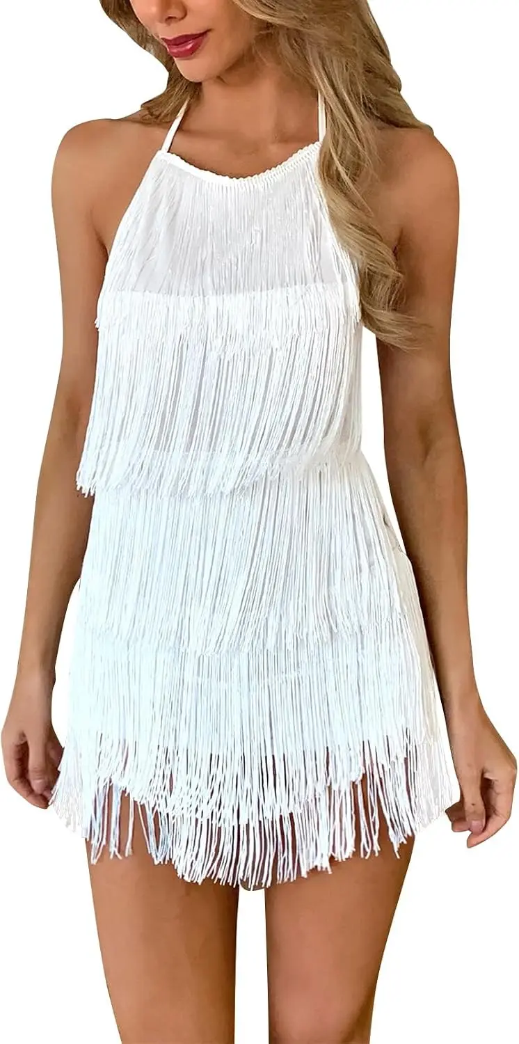 Sexy Rückenfreies Fransen-Lateintanzkleid für Damen, Boho-Stil, Mehrlagiger Neckholder-Playsuit, Quasten-Romper, Club-Festival-Bodysuit für Bühnenauftritte