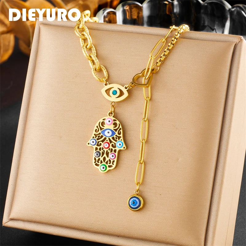 

DIEYURO 316L Stainless Steel Colorful Palm Eye Pendant Necklace For Women Vintage Neck Chain Female Jewelry Party Gift Colar