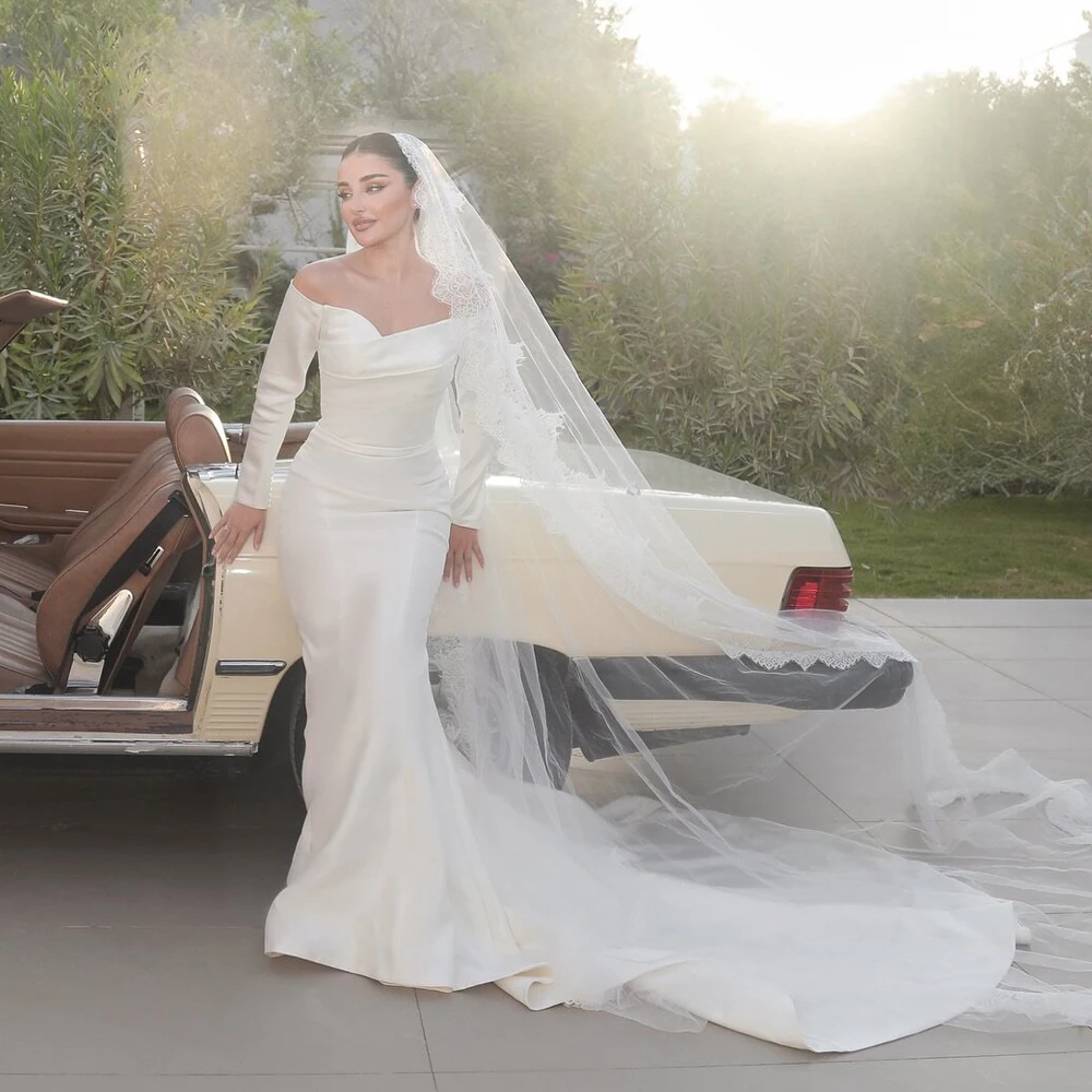 

Customized Silk Satin Wedding Dress Off the Sleeve Mermaid Bridal Gown Long Sleeves Sweetheart Neck Saudi Arabia Wedding Dresses