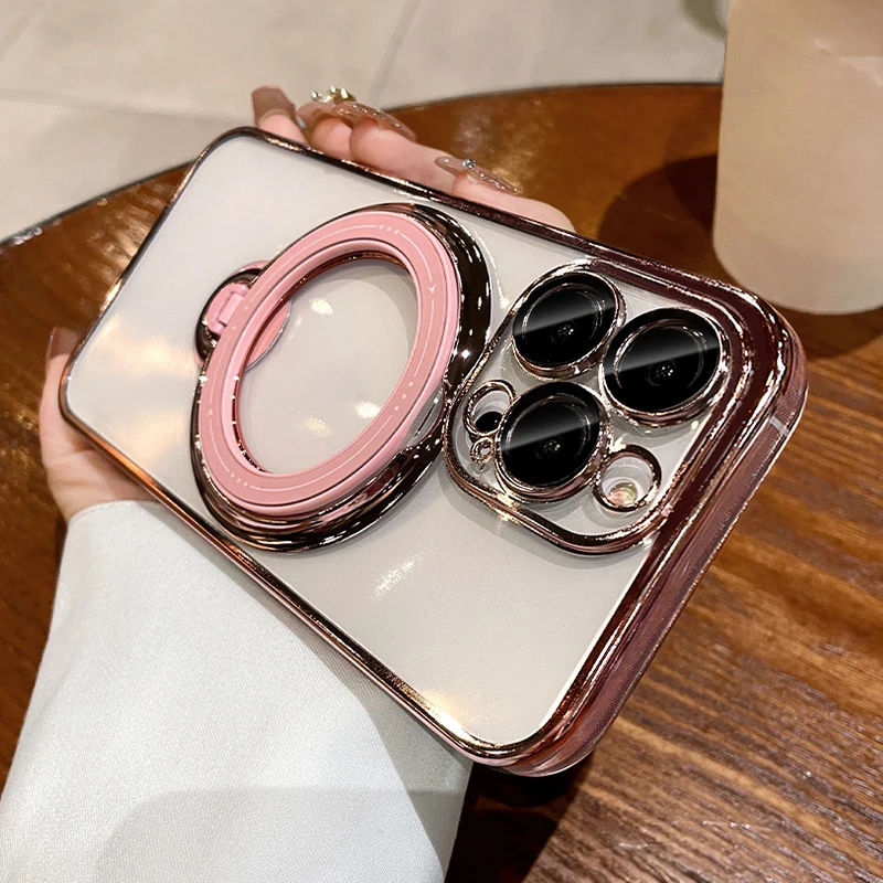 

Luxury Magsafe Wireless Charging Case For iPhone 11 12 13 14 15 16 Pro Max Plus Transparent Magnetic Ring Bracket Bumper Cover