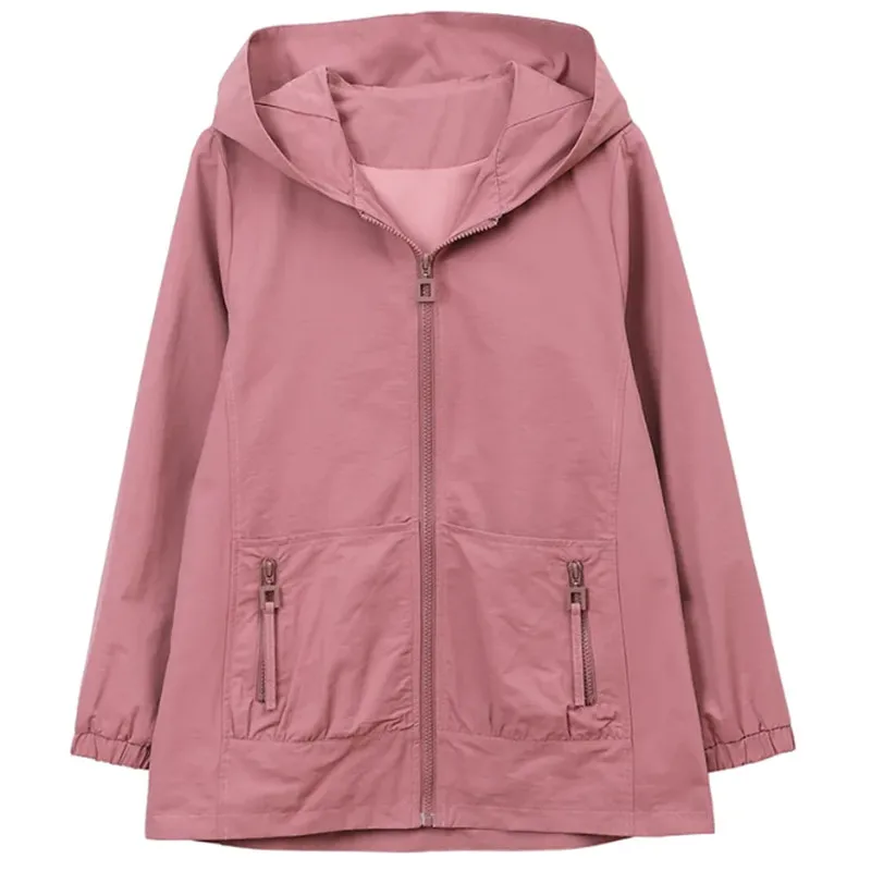 

Spring Autumn Short Windbreaker Women 2023New Loose Hooded Trench Coat Fashion Zipper Pocket Outerwear Pure Colour Tops Female