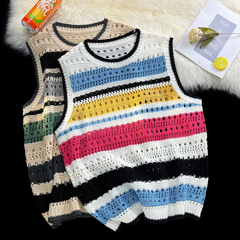 

Vintage Stripe Color Contrast Baggy Knitted Sweater Vest Washed Knitwears Tank Top Tide Dyeing O-Neck Sleeveless Pullovers B39