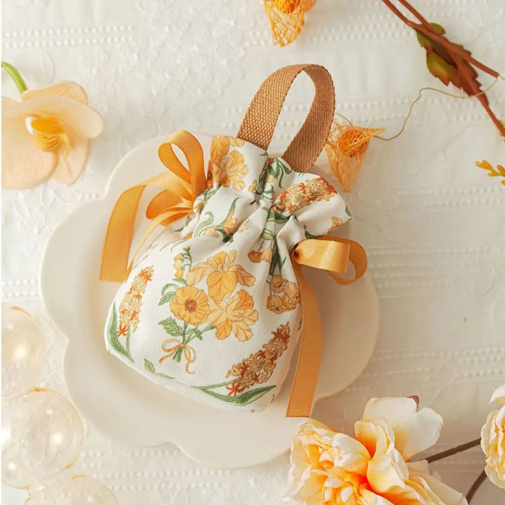 

Ribbon Bow Canvas Flower Drawstring Bag Pearl Handle Wedding Festive Sugar Bag Coin Purse Wallet Candy Storage