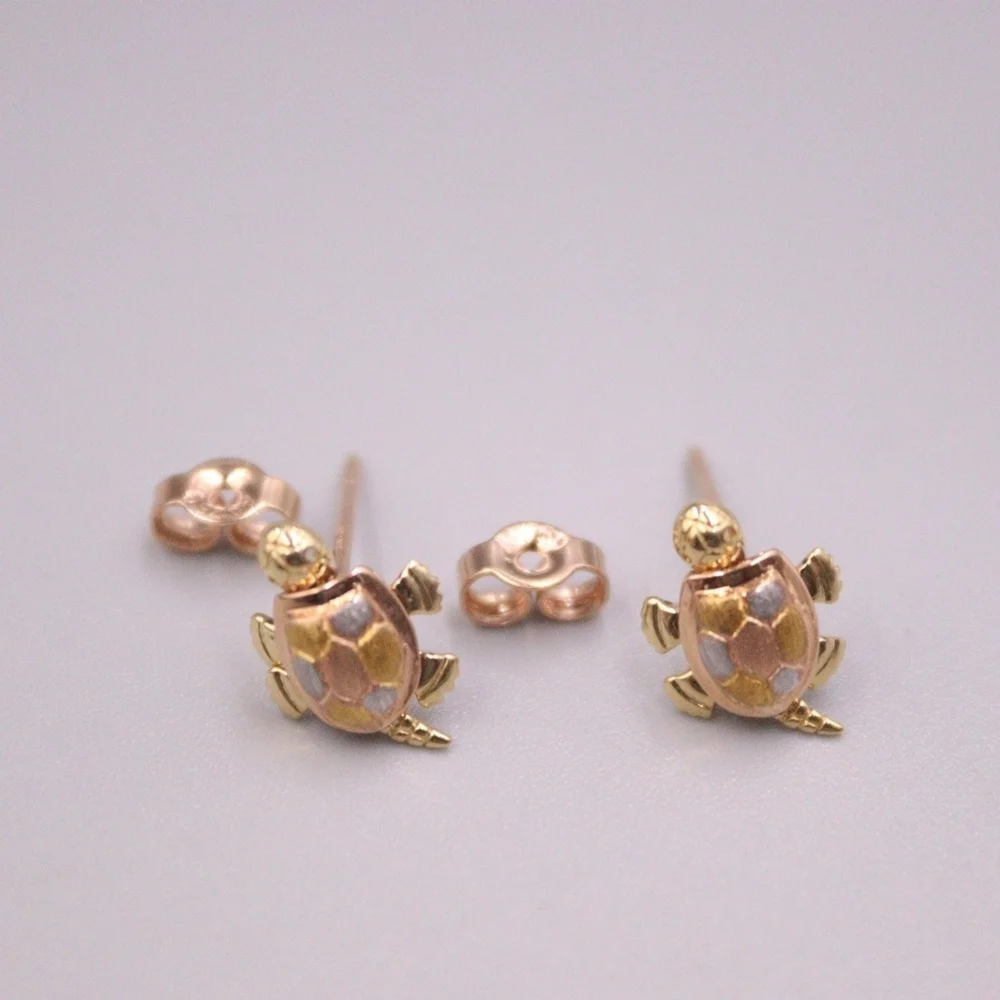 Real Pure 18K Multi-Tone Gold Stud Women Gift Lucky Turtle Tortoise Earrings 1.86g