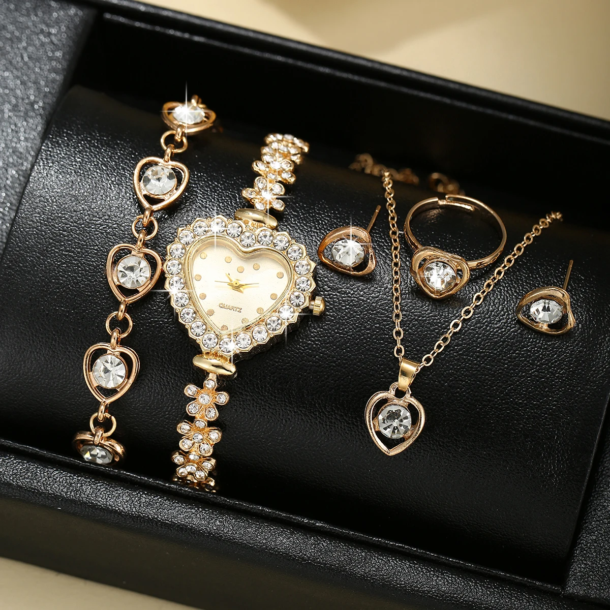 6pcs Light Luxury Women\'s Fashion Full Sky Star Trendy Strap Bracelet Watch Love Diamond Jewelry Set Quartz Watch