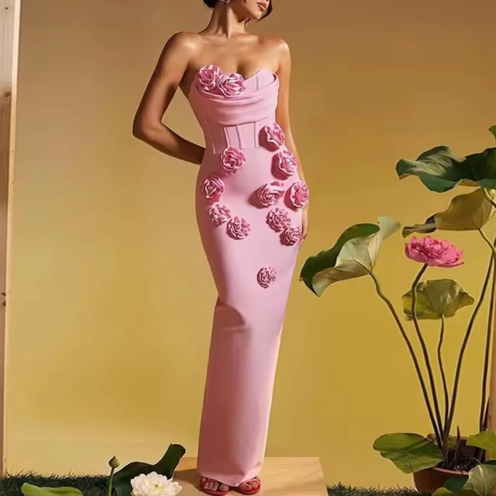 Luxo sexy 3d flores vestido de baile sem mangas fino ajuste maxi vestido requintado alta qualidade vestidos de festa de baile para mulher personalizado