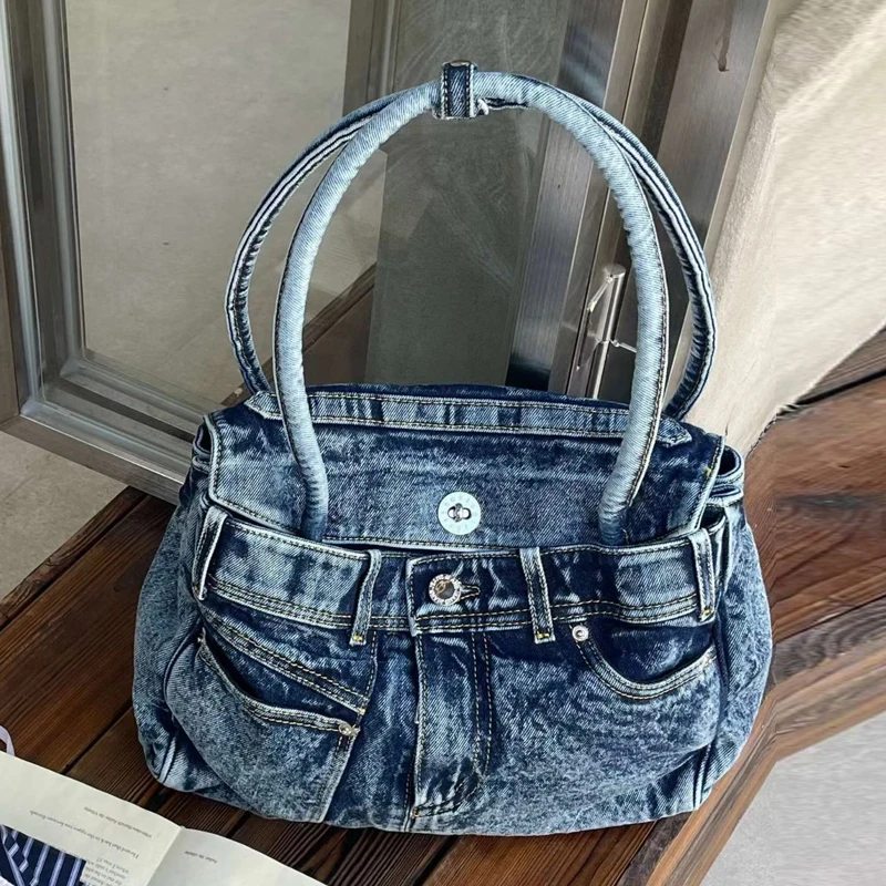 

Pants Shape Denim Bags For Women Luxury Designer Handbags Purses 2026 New In Washing Process Button Top Handle Underarm Shoulder