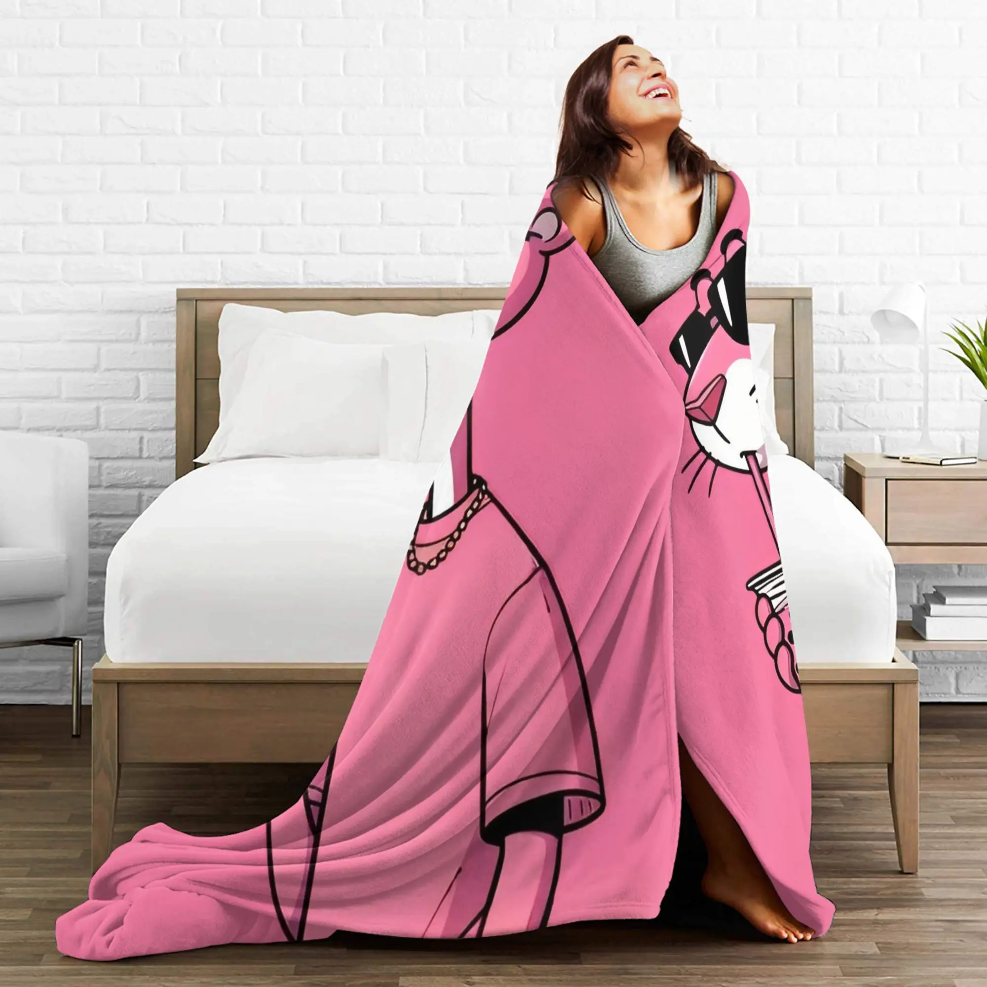 P-Pink P-Panther شرب مشروب بطانية الصوف مضحك لينة رمي بطانية للمنزل مطعم الخريف/الشتاء ،