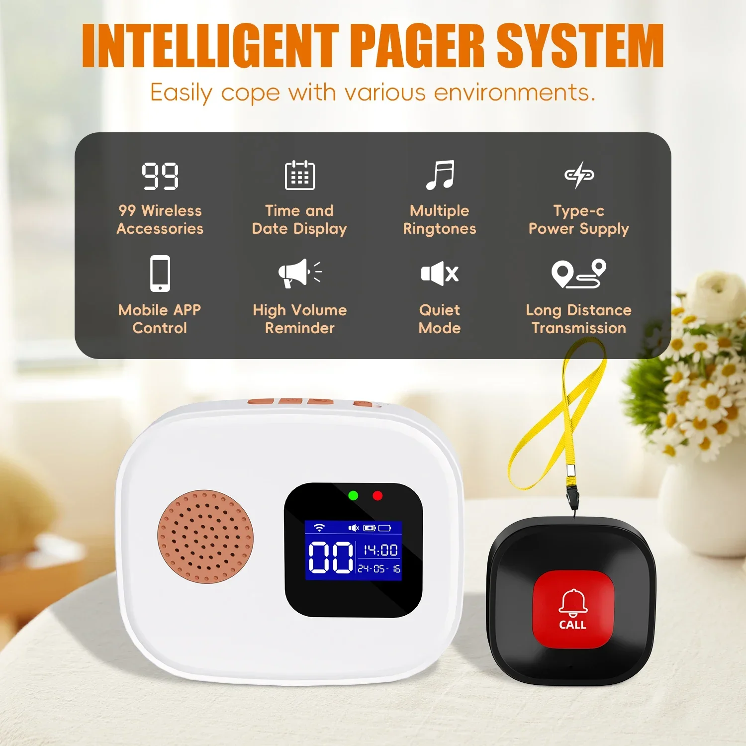 SOS Caregiver Pager Call Button Call Bell Alert Buttons For Patients Elderly Seniors Home Portable Nurse Call System Bed Alarm