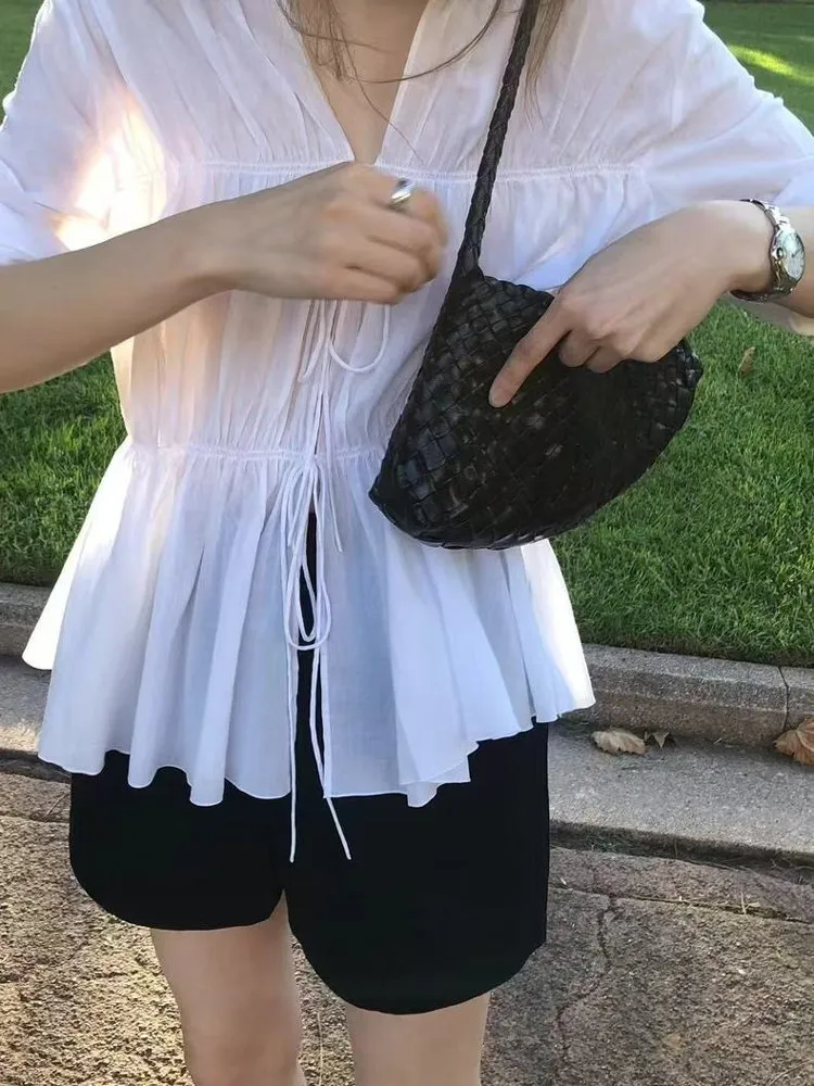 

Smoid White irt Dstring Loose V-ne Pleated Layers French Sle Women's Casual Summer Faion Cotton UV Protection