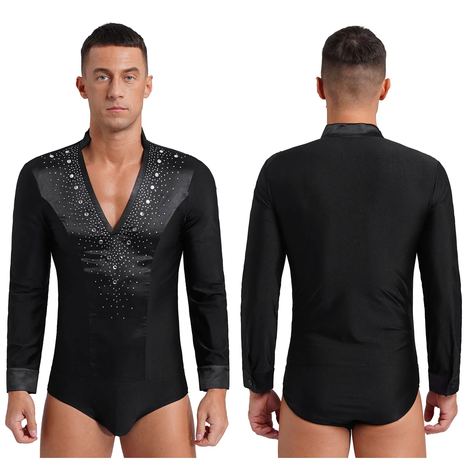 Jazz Latin Dance Leotard for Mens Long Sleeve Shiny Rhinestones Satin Patchwork Bodysuit Figure Skating Performance Dancewear