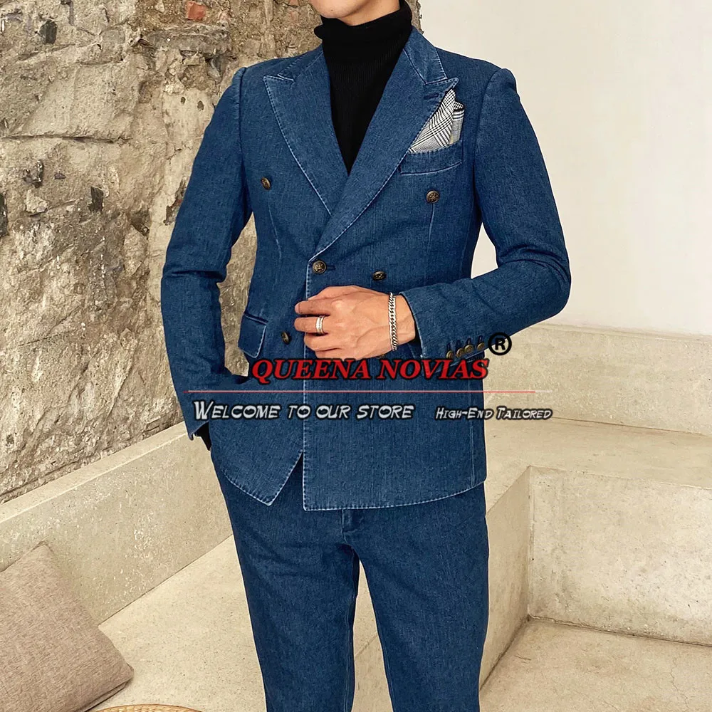 Boys Suits For Weddings Blue Denim Oxford Double Breasted Jacket Pants 2 Pieces Formal Children Party Tuxedos Kids Clothing 2024