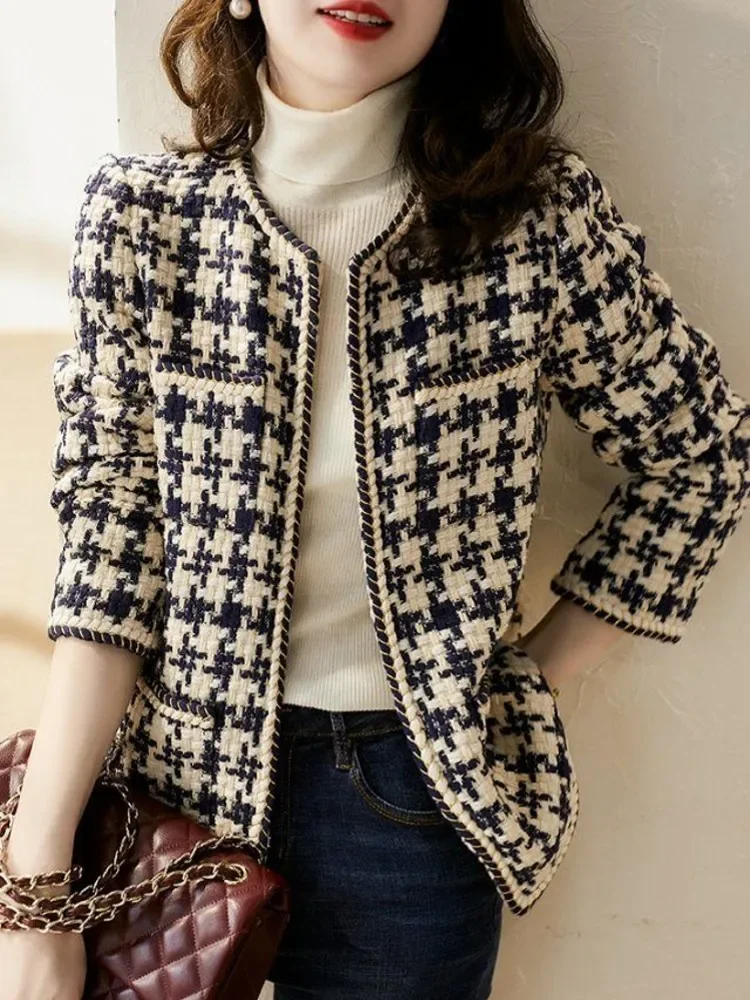 

Runway Fall Elegant Weave Plaid Women Blazer Causal Tweed Coat Office Ladies Suit Jacket Outwear V1555