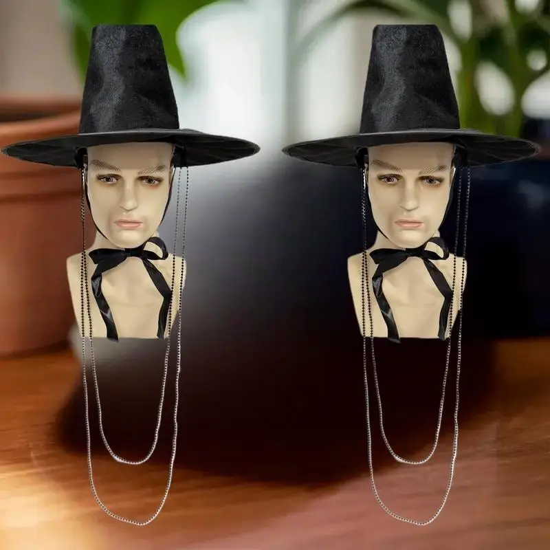 UV-Protective Korean Flat Top Hat in Black, Ming Dynasty Inspired, Ideal for Halloween Cosplay and Role-playing