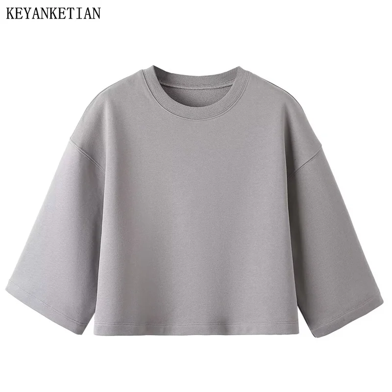 KEYANKETIAN 2024 New Launch Women\'s Mid-sleeved Hoodie Leisure style Solid color O-Neck Loose Pullover Short Sweatshirts Top