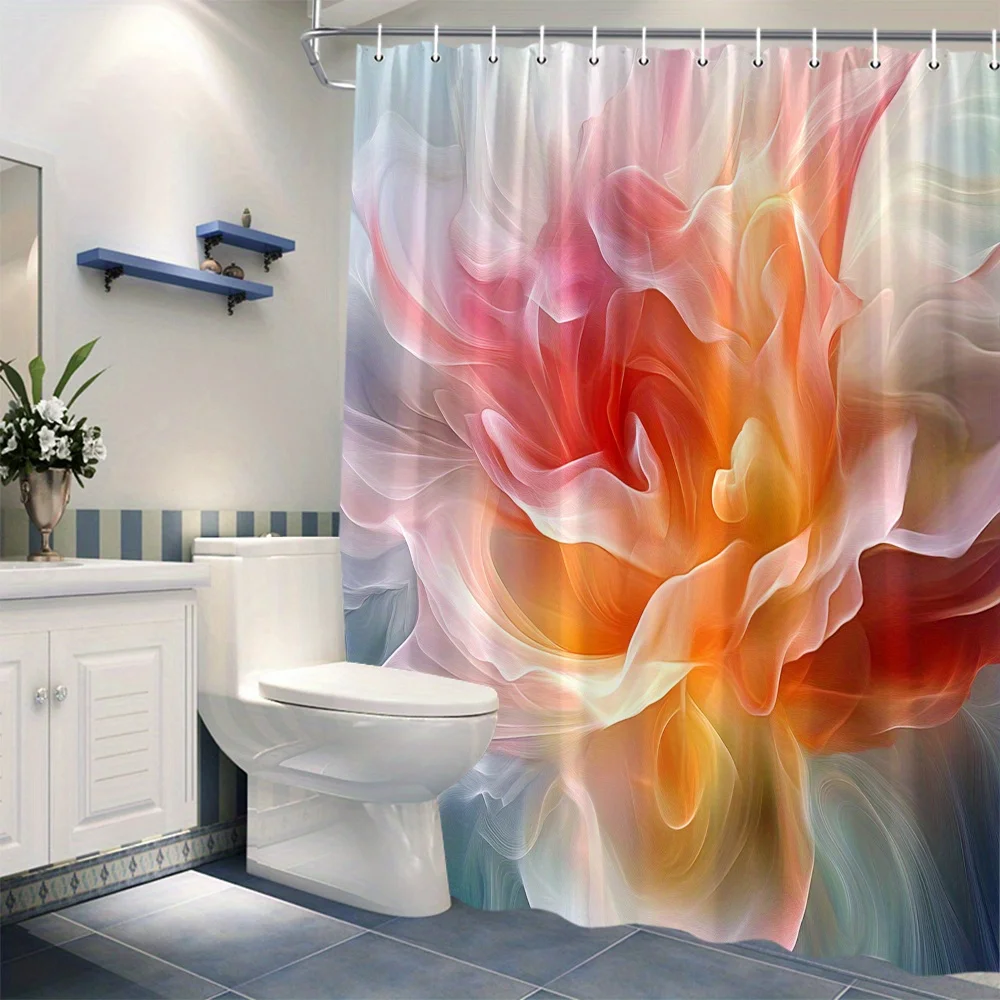 

1 шт. Занавеска для душа с абстрактным закручивающимся цветком — яркий розовый, оранжевый и белый лепестковый дизайн на мягкой синей и зеленой градиентной спине