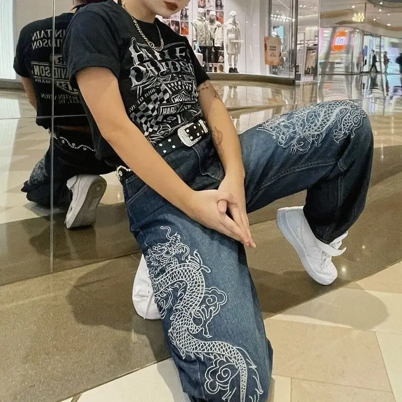 American niche original new trousers embroidered dragon pattern jeans loose Korean style casual college style retro y2k pants