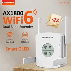 Roteador Extensor de Longo Alcance Amplificador WiFi Gigabit Impulsionador de Sinal de Antena 4, Substituição Inteligente OLED WiFi6, 2.4 5G, 1800Mbps