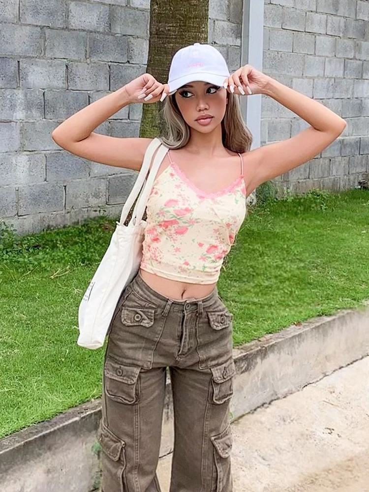 Sexy Camis Women Summer New Fashion Floral Print Lace Sleeveless Strap Crop Top Female Backless Casual Streetwear Basic Slim Top